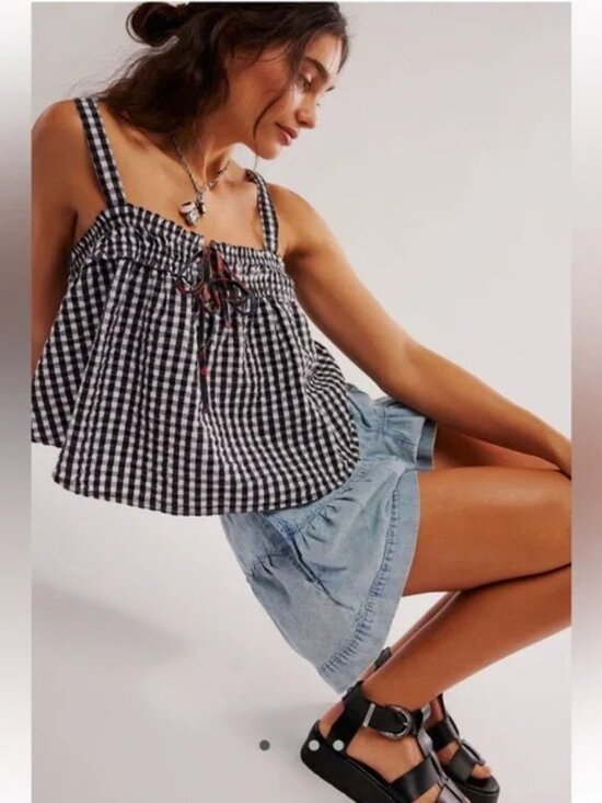 Free People Picnic Party Cropped Tank Top Black Combo Size XS NWT - Picture 2 of 13